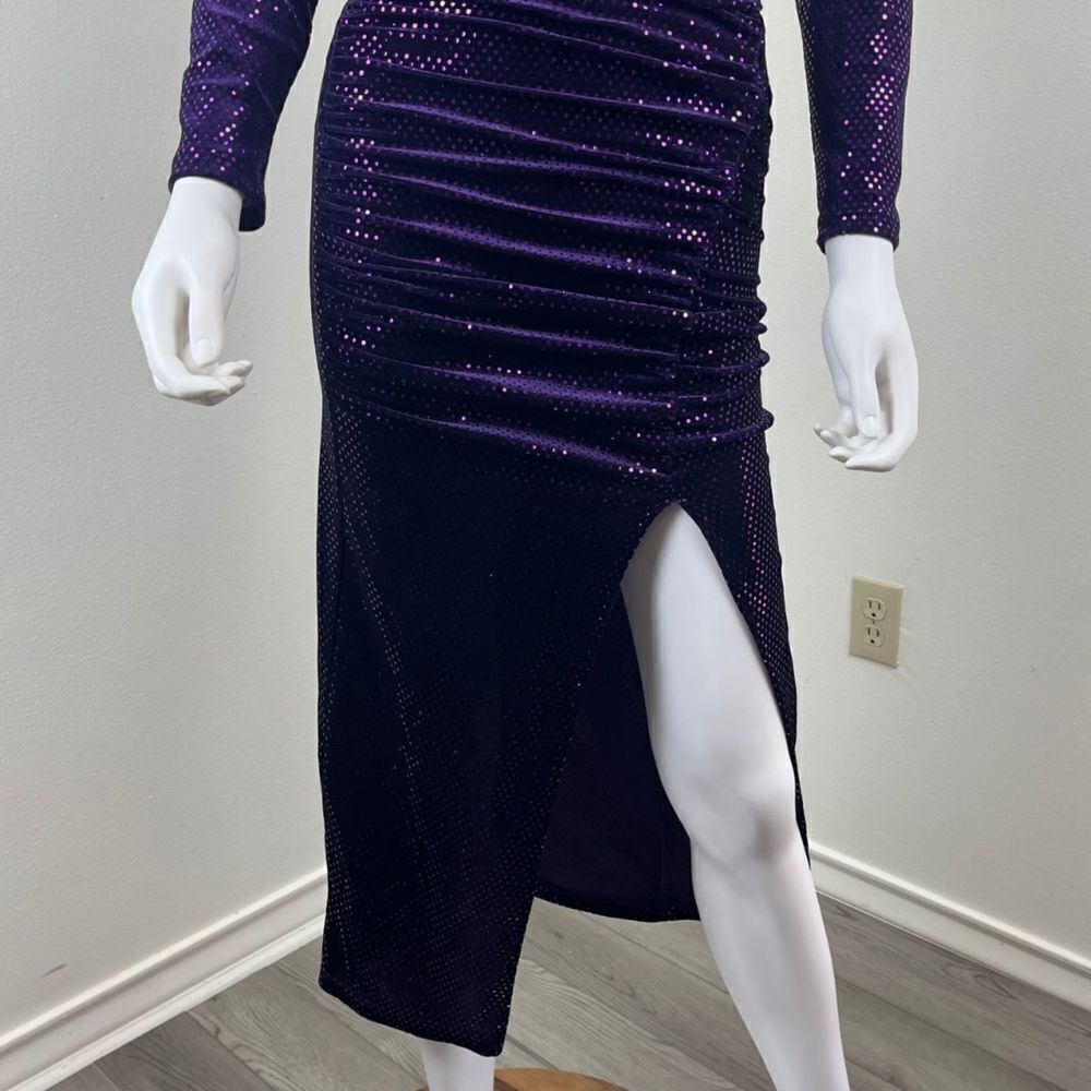 Zara Women Size XS Purple Sequins Velvet Ruched Midi Dress Long Sleeve Mock Neck - Picture 4 of 15
